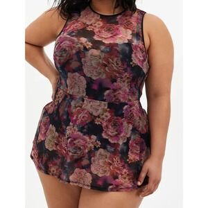 Torrid Rose Floral Mesh Peplum Underwire One Piece Swimsuit 2 Black Pink DD/F